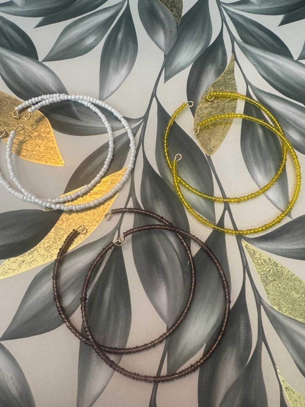 Triple-Pair Beaded Hoop Bracelet Set - White, Yellow & Brown - Unbranded